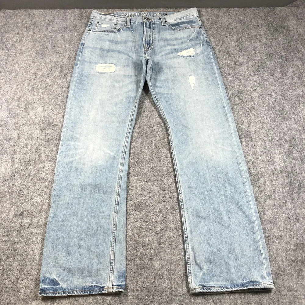 American Eagle Jeans Mens 34x34 Blue Relaxed Straight Distressed Light Wash